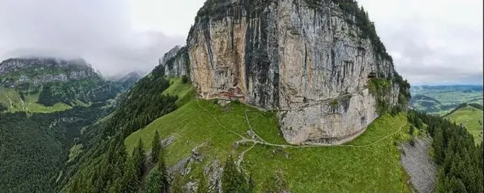 Framed Print : Ebenalp, Switzerland – 13 July 2024: drone view at the famous mountain guesthouse Aescher at Ebenalp in the Swiss alps Framed Print : Ebenalp, Switzerland – 13 July 2024: drone view at the famous mountain guesthouse Aescher at Ebenalp in the Swiss alps
