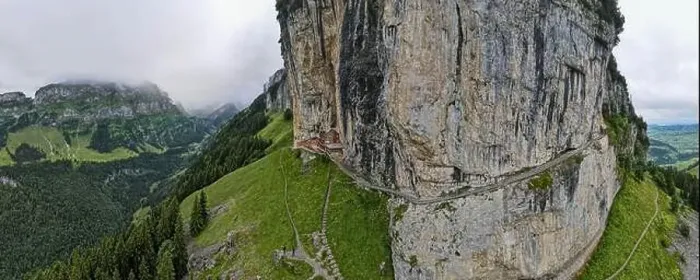 Framed Print : Ebenalp, Switzerland – 13 July 2024: drone view at the famous mountain guesthouse Aescher at Ebenalp in the Swiss alps Framed Print : Ebenalp, Switzerland – 13 July 2024: drone view at the famous mountain guesthouse Aescher at Ebenalp in the Swiss alps