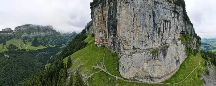 Framed Print : Ebenalp, Switzerland – 13 July 2024: drone view at the famous mountain guesthouse Aescher at Ebenalp in the Swiss alps Framed Print : Ebenalp, Switzerland – 13 July 2024: drone view at the famous mountain guesthouse Aescher at Ebenalp in the Swiss alps