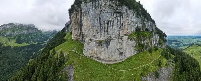 Framed Print : Ebenalp, Switzerland – 13 July 2024: drone view at the famous mountain guesthouse Aescher at Ebenalp in the Swiss alps Framed Print : Ebenalp, Switzerland – 13 July 2024: drone view at the famous mountain guesthouse Aescher at Ebenalp in the Swiss alps