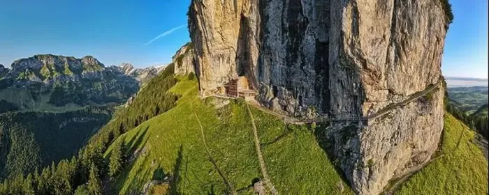 Framed Print : Ebenalp, Switzerland – 13 July 2024: drone view at the famous mountain guesthouse Aescher at Ebenalp in the Swiss alps Framed Print : Ebenalp, Switzerland – 13 July 2024: drone view at the famous mountain guesthouse Aescher at Ebenalp in the Swiss alps