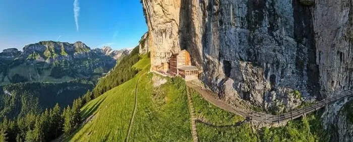 Framed Print : Ebenalp, Switzerland – 13 July 2024: drone view at the famous mountain guesthouse Aescher at Ebenalp in the Swiss alps Framed Print : Ebenalp, Switzerland – 13 July 2024: drone view at the famous mountain guesthouse Aescher at Ebenalp in the Swiss alps