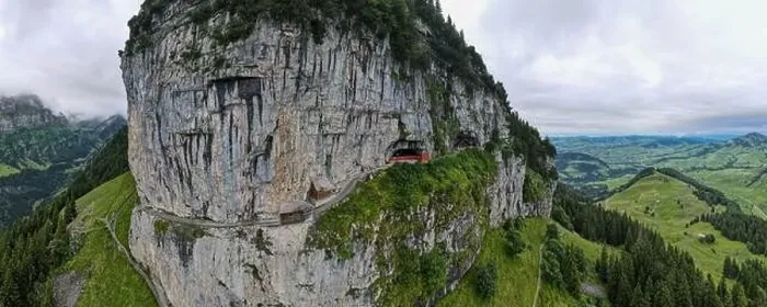 Framed Print : Ebenalp, Switzerland – 13 July 2024: drone view at Wildkirchli caves at Ebenalp in the Swiss alps Framed Print : Ebenalp, Switzerland – 13 July 2024: drone view at Wildkirchli caves at Ebenalp in the Swiss alps