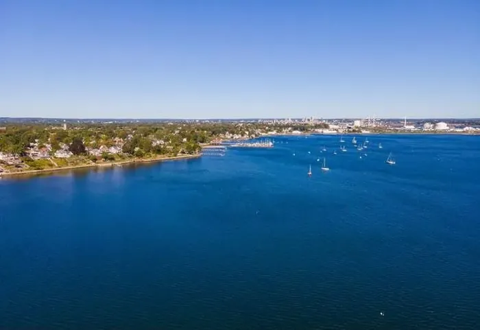 Framed Print : Edgewood Beach aerial view from Providence River near river mouth to Narragansett Bay Framed Print : Edgewood Beach aerial view from Providence River near river mouth to Narragansett Bay