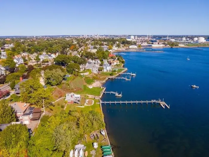 Framed Print : Edgewood Beach aerial view from Providence River near river mouth to Narragansett Bay Framed Print : Edgewood Beach aerial view from Providence River near river mouth to Narragansett Bay