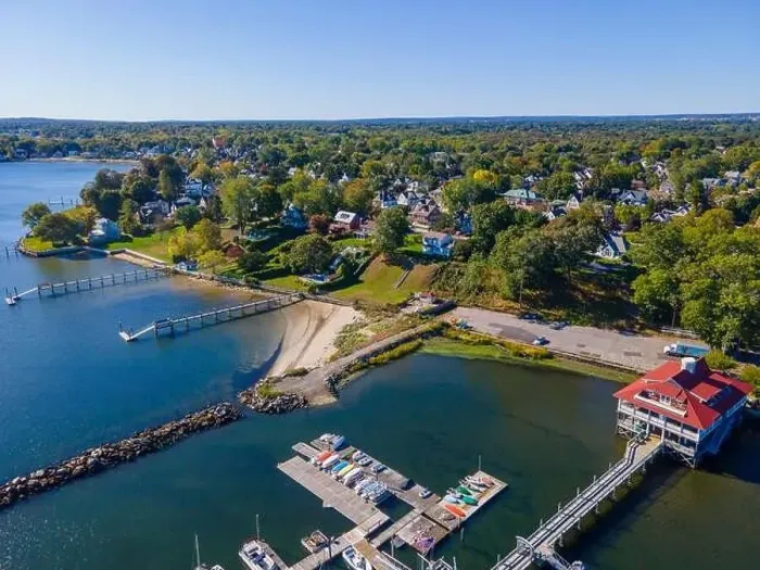Framed Print : Edgewood Yacht Club aerial view from Providence River near river mouth to Narragansett Bay in city of Cranston Framed Print : Edgewood Yacht Club aerial view from Providence River near river mouth to Narragansett Bay in city of Cranston
