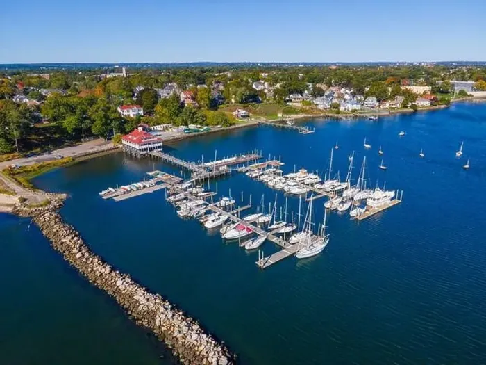 Framed Print : Edgewood Yacht Club aerial view from Providence River near river mouth to Narragansett Bay in city of Cranston Framed Print : Edgewood Yacht Club aerial view from Providence River near river mouth to Narragansett Bay in city of Cranston