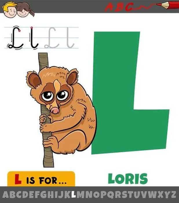 Framed Print : Educational cartoon illustration of letter L from alphabet with loris animal character Framed Print : Educational cartoon illustration of letter L from alphabet with loris animal character