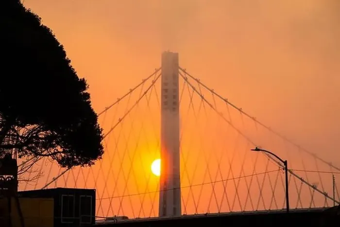 Framed Print : Eerie orange sky over Bay Bridge in San Francisco, zoom in Framed Print : Eerie orange sky over Bay Bridge in San Francisco, zoom in