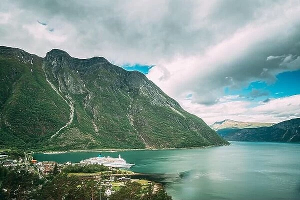 Eidfjord, Norway. Touristic Ship Or Ferry Boat Boat Liner Moored Near Harbour In Summer Day. Aerial View Of Famous Norwegian Landmark And Popular Dest