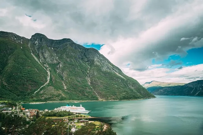 Framed Print : Eidfjord, Norway. Touristic Ship Or Ferry Boat Boat Liner Moored Near Harbour In Summer Day. Aerial View Of Famous Norwegian Landmark And Popular Dest