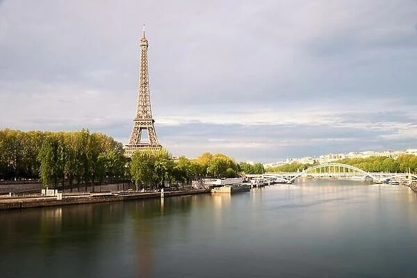 Eiffel tower in Paris from the river Seine in spring season. Paris, France