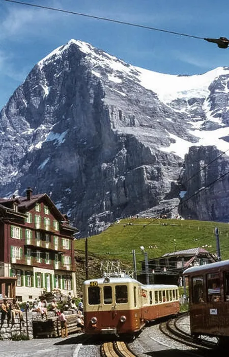 Framed Print : Eiger with Jungfrau railway and Kleine Scheidegg 1979 Kleine Scheidegg mit Jungfraubahn und Eiger