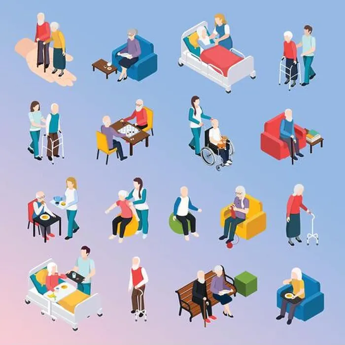 Framed Print : Elderly people nursing home residents isometric icons set with medical care physical activities assistance leisure