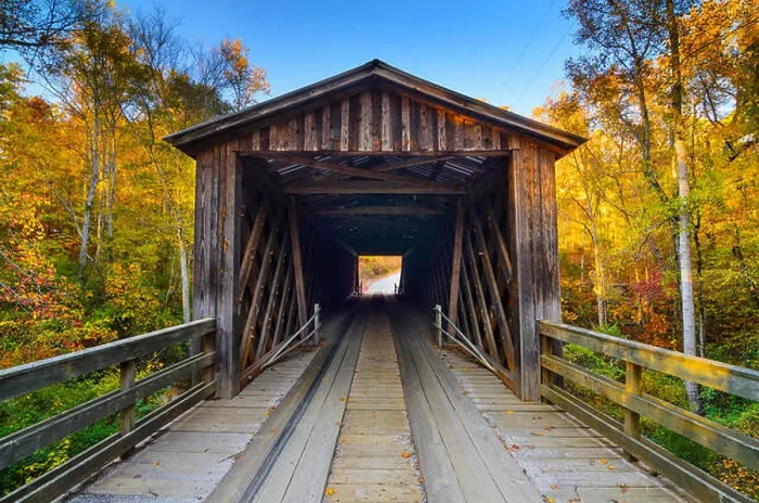 Framed Print : Elder's covered bridge in the fall season in Oconee, Georgia, USA Framed Print : Elder's covered bridge in the fall season in Oconee, Georgia, USA