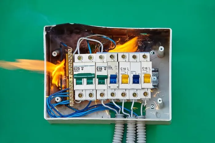 Framed Print : Electrical problems, improper electric wiring present a fire hazard. Loose wires caused fire inside electrical fuse box of home wiring Framed Print : Electrical problems, improper electric wiring present a fire hazard. Loose wires caused fire inside electrical fuse box of home wiring