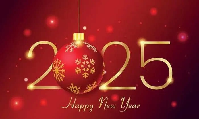 Framed Print : Elegant 2025 Happy New Year Background with Red and Gold Christmas Ornament Framed Print : Elegant 2025 Happy New Year Background with Red and Gold Christmas Ornament