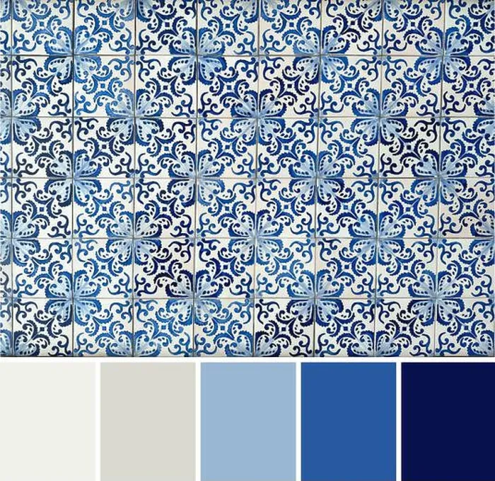 Framed Print : Elegant Blue and White and Neutral Colors Porcelain Tile Pattern with Complementary Color Palette Framed Print : Elegant Blue and White and Neutral Colors Porcelain Tile Pattern with Complementary Color Palette