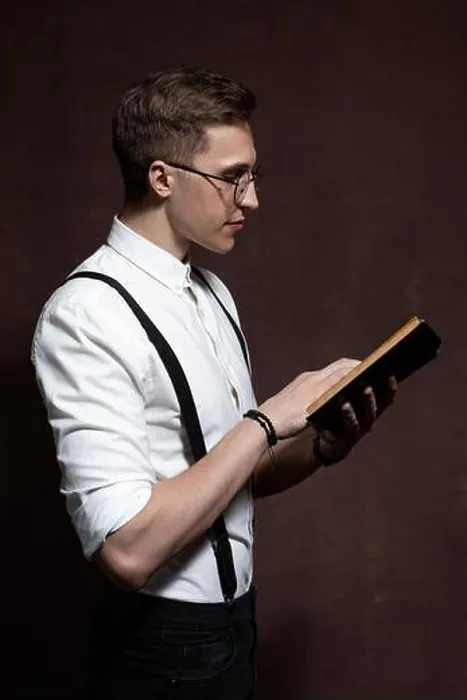 Framed Print : elegant young man in round glasses, suspenders, in a white shirt reads a book Framed Print : elegant young man in round glasses, suspenders, in a white shirt reads a book