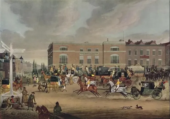 Framed Print : The Elephant and Castle on the Brighton Road, 1826, (1920). Artist: Theodore Henry Adolphus Fielding Framed Print : The Elephant and Castle on the Brighton Road, 1826, (1920). Artist: Theodore Henry Adolphus Fielding
