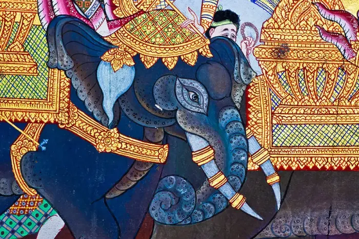 Framed Print : Elephant, Vintage traditional Thai style art painting on temple