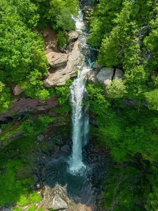 Framed Print : Elevated view drone photography of Kaaterskill Falls a two-stage waterfall on Spruce Creek in the eastern Catskill Framed Print : Elevated view drone photography of Kaaterskill Falls a two-stage waterfall on Spruce Creek in the eastern Catskill
