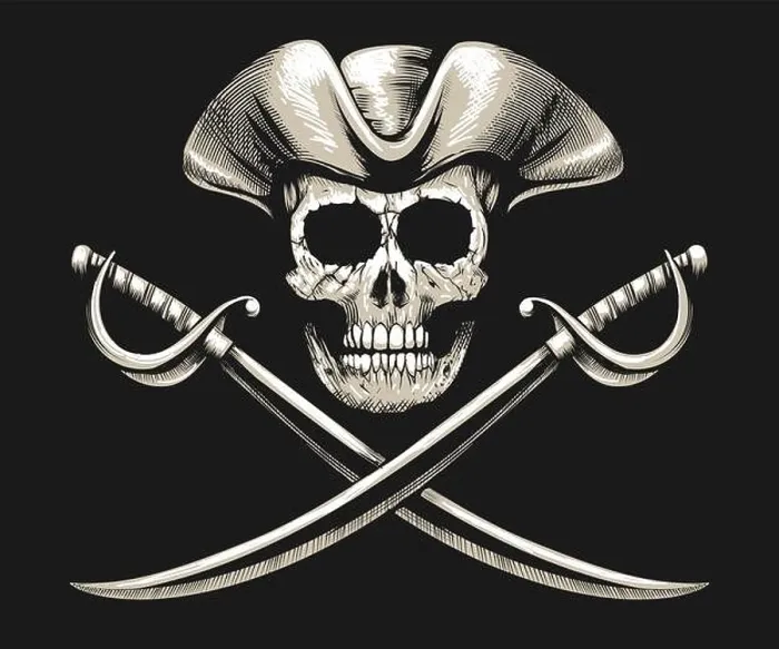 Framed Print : Emblem of Pirate Skull with Sabres Jolly Roger isolated on black. Vector illustration Framed Print : Emblem of Pirate Skull with Sabres Jolly Roger isolated on black. Vector illustration