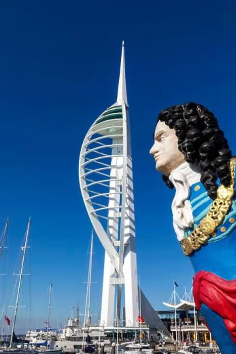 Framed Print : England, Hampshire, Portsmouth, Daytime View of Ships Figurehead and The Spinnaker Tower and Gunwharf Quays Framed Print : England, Hampshire, Portsmouth, Daytime View of Ships Figurehead and The Spinnaker Tower and Gunwharf Quays