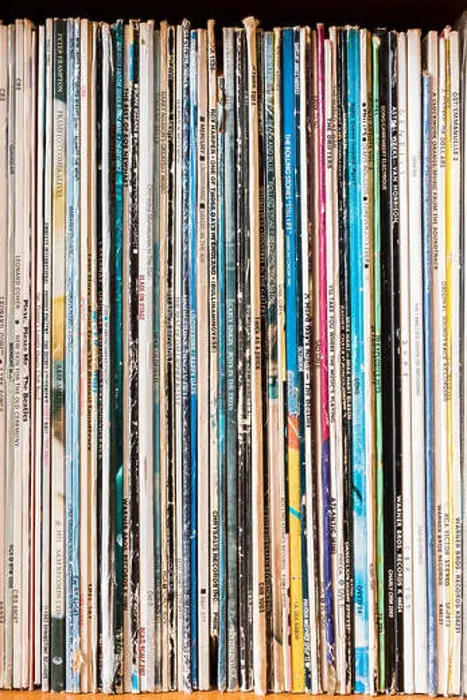 Framed Print : England. Stacked shelf of vertical Record LPs Framed Print : England. Stacked shelf of vertical Record LPs