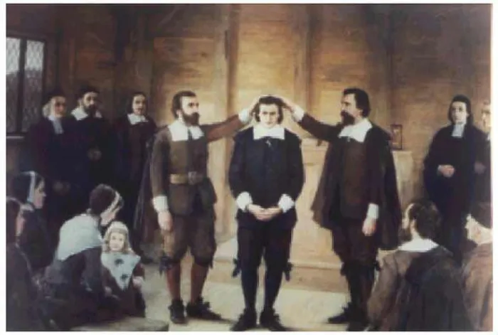 Framed Print : English: Nineteenth-century painting depicting the ordination of Thomas Carter (1608-168) as minister of Woburn