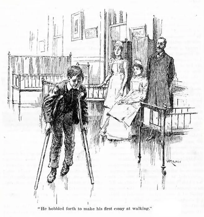 Framed Print : Engraving of a crippled boy on crutches, published 1892 Framed Print : Engraving of a crippled boy on crutches, published 1892
