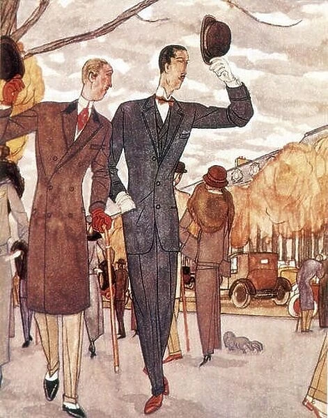 Entitled: 'Man's suit and overcoat by Lus and Befve. Gazette du Bon Genre. Fashion plate by Pierre Mourgue