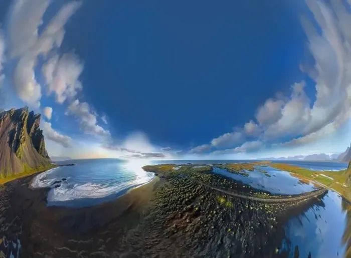 Framed Print : Epic aerial drone view flying over landscape of the black sand beach in Stokksnes on a sunny day Framed Print : Epic aerial drone view flying over landscape of the black sand beach in Stokksnes on a sunny day