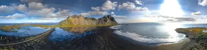 Framed Print : Epic aerial drone view flying over landscape of the black sand beach in Stokksnes on a sunny day Framed Print : Epic aerial drone view flying over landscape of the black sand beach in Stokksnes on a sunny day