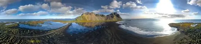 Framed Print : Epic aerial drone view flying over landscape of the black sand beach in Stokksnes on a sunny day Framed Print : Epic aerial drone view flying over landscape of the black sand beach in Stokksnes on a sunny day