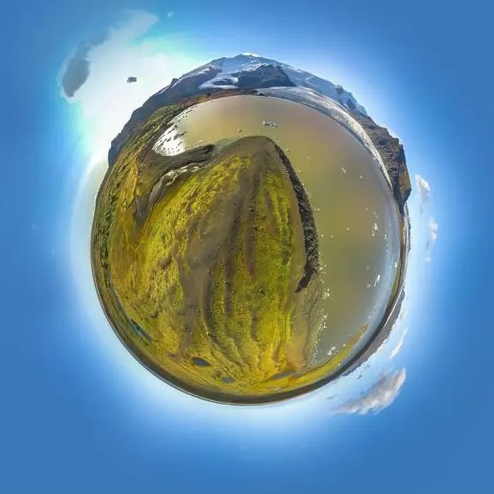 Framed Print : Epic aerial drone view flying over landscape of Fjallsarlon glacier and lagoon on a sunny day. Little planet panorama Framed Print : Epic aerial drone view flying over landscape of Fjallsarlon glacier and lagoon on a sunny day. Little planet panorama