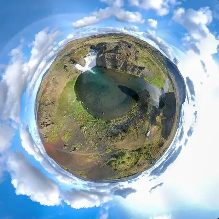 Framed Print : Epic aerial drone view flying over landscape of Hjalparfoss waterfall and lagoon on a sunny day. Little planet panorama Framed Print : Epic aerial drone view flying over landscape of Hjalparfoss waterfall and lagoon on a sunny day. Little planet panorama