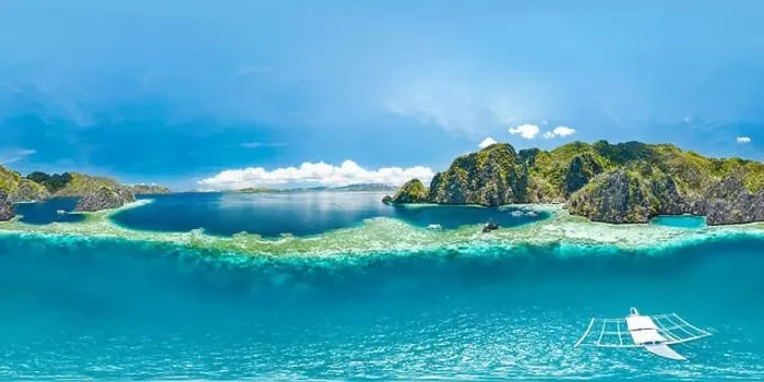 Framed Print : Epic aerial spherical panorama of blue lagoons and limestone cliffs of Coron, Palawan, Philippines. Full 360 panorama Framed Print : Epic aerial spherical panorama of blue lagoons and limestone cliffs of Coron, Palawan, Philippines. Full 360 panorama