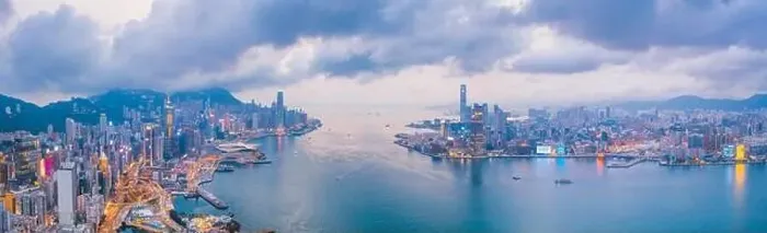 Framed Print : Epic aerial view of night scene of Victoria Harbour, Hong Kong, in golden hour. famous travel destination, metropolis Framed Print : Epic aerial view of night scene of Victoria Harbour, Hong Kong, in golden hour. famous travel destination, metropolis
