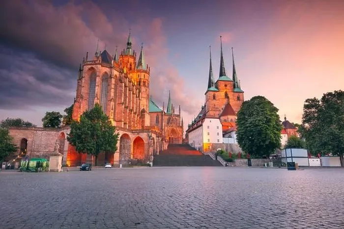 Framed Print : Erfurt, Germany. Cityscape image of downtown Erfurt, Germany with Erfurt Cathedral at summer sunset