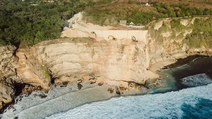 Framed Print : Escalators work and digging cliff in Uluwatu, Bali. Aerial view Framed Print : Escalators work and digging cliff in Uluwatu, Bali. Aerial view