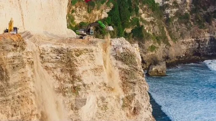Framed Print : Escalators works and the destroying the cliff in Uluwatu, Bali. Aerial view Framed Print : Escalators works and the destroying the cliff in Uluwatu, Bali. Aerial view