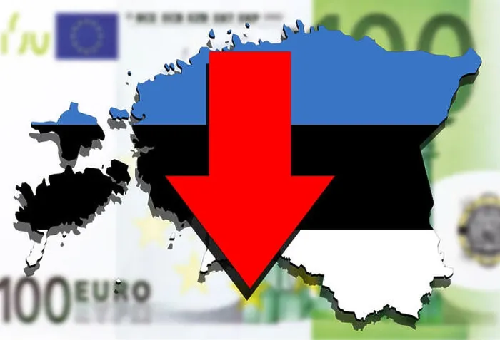 Framed Print : Estonia map on euro money background, red arrow down