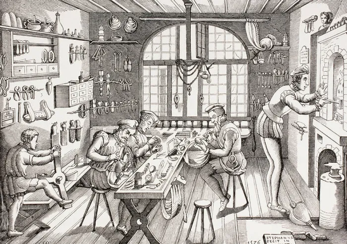 Framed Print : Étienne Delaune, French goldsmith, c. 1519-1583. Interior of his workshop
