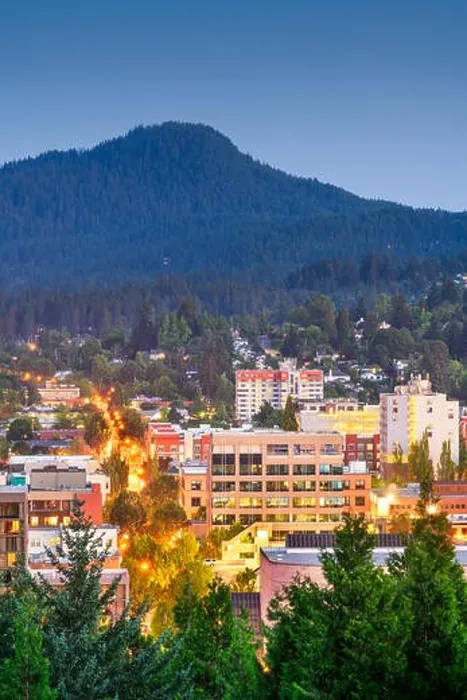 Framed Print : Eugene, Oregon, USA downtown cityscape at dusk