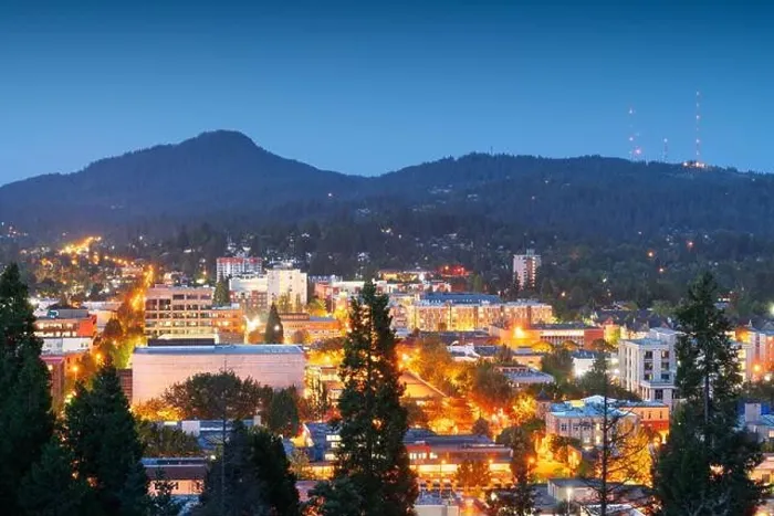 Framed Print : Eugene, Oregon, USA downtown cityscape at dusk Framed Print : Eugene, Oregon, USA downtown cityscape at dusk