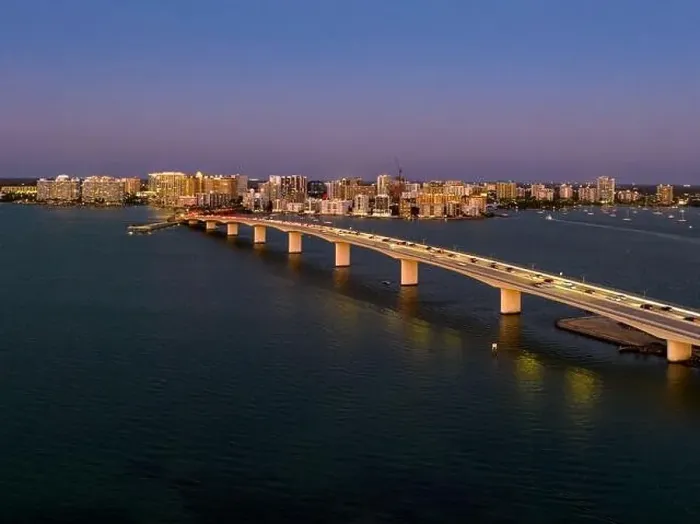 Framed Print : Evening aerial image of the Sarasota, Florida Skyline and Bridge Across Sarasota Bay Framed Print : Evening aerial image of the Sarasota, Florida Skyline and Bridge Across Sarasota Bay