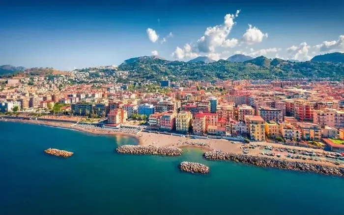 Framed Print : Exciting morning view from flying drone of Salerno city Framed Print : Exciting morning view from flying drone of Salerno city