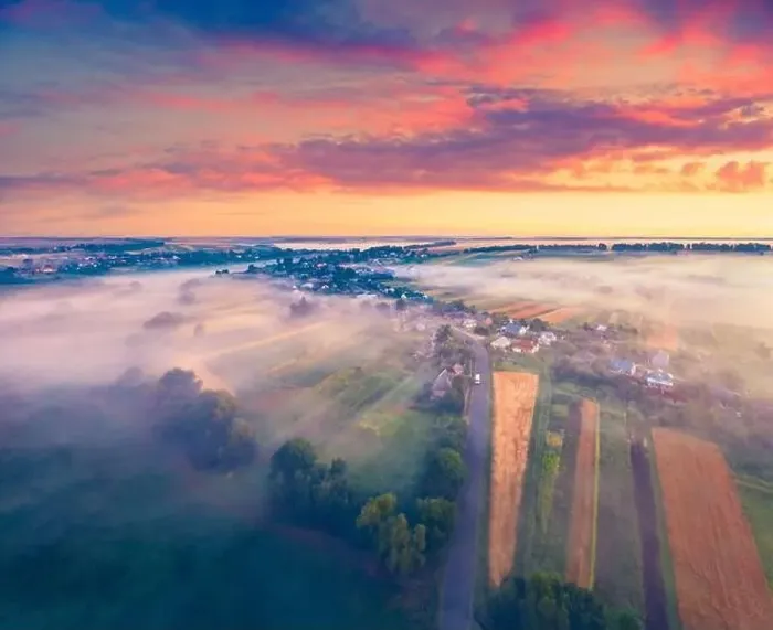 Framed Print : Exciting summer dawn on Ukrainian countryside with foggy fields Framed Print : Exciting summer dawn on Ukrainian countryside with foggy fields