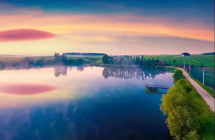 Framed Print : Exciting view from flying drone of Romanivka lake Framed Print : Exciting view from flying drone of Romanivka lake